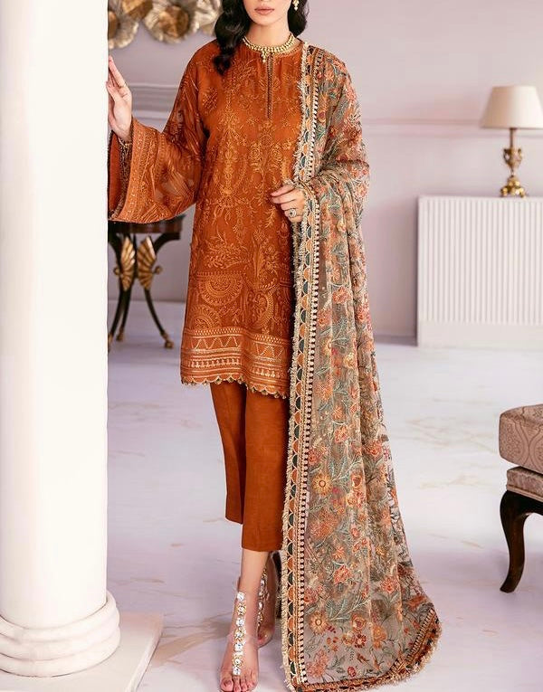 Baroque Chiffon PartyWear Dress | Brd-08 Rust